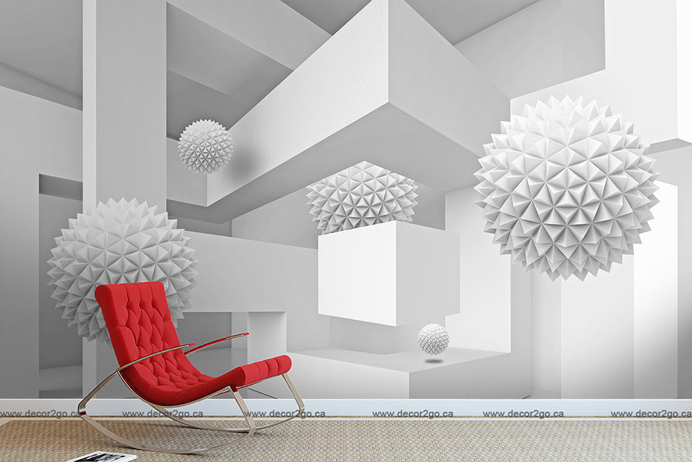 Red chair with mural The pristine white canvas creates an illusion of depth and dimension, offering a visual feast for the senses.