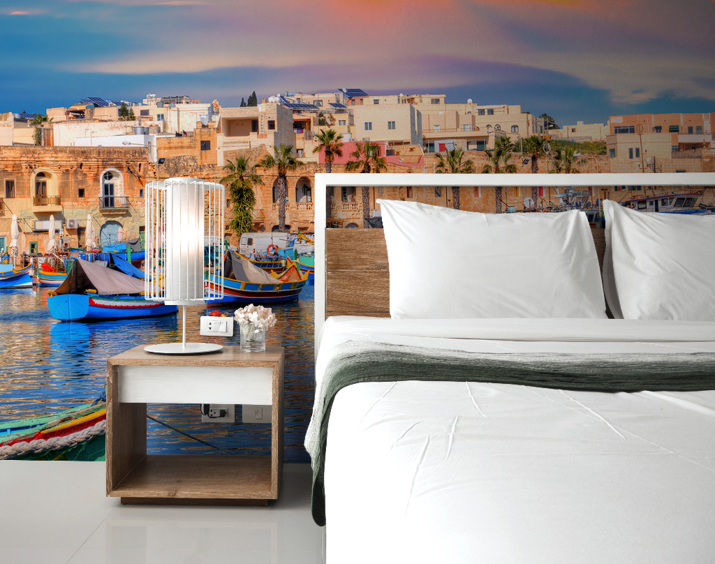 Forever Malta Wallpaper Mural in the bedroom with white bed