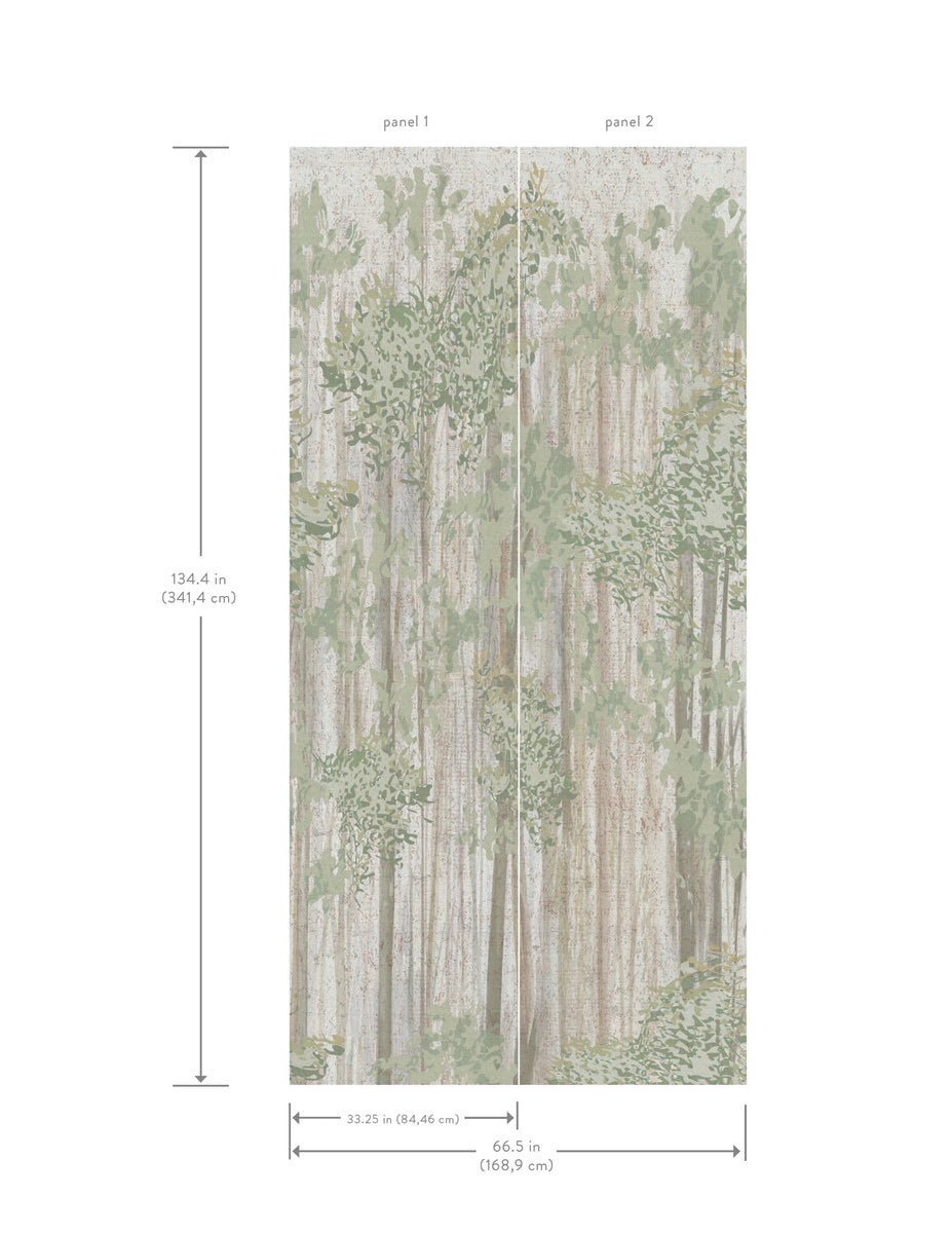 The Aspen Grove Forest Wallpaper Mural by York Wallcoverings features two tall panels with a forest design in muted green and brown. Each panel measures 32.25"W x 134.4"H (82cm x 341.4cm), creating a stunning botanical wall statement.
