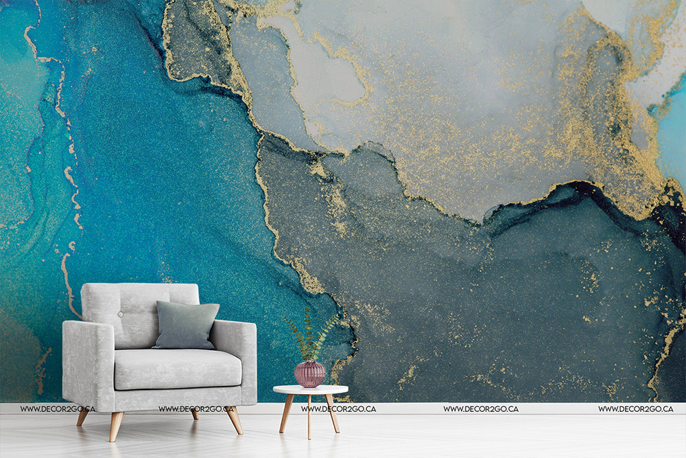 Gold Fracture Wallpaper Mural in living room marble turquoise with gliter