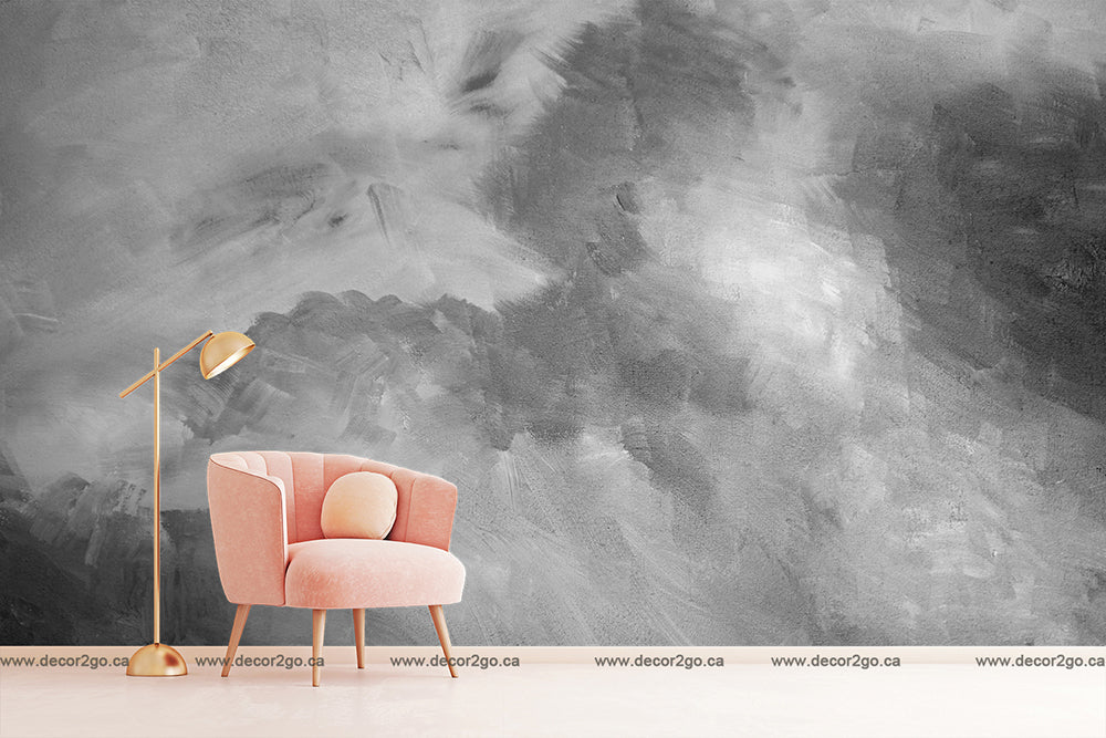 Gray Mist Wallpaper Mural in the living room with pink chair
