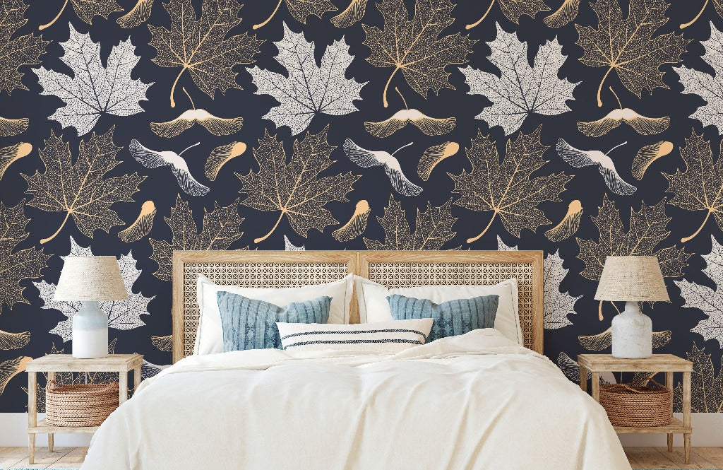 Maple Leaves Wallpaper Mural in the room gold and white leaves with gray backround