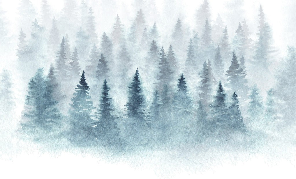 Watercolor painting of a Decor2Go Misty Tree Tops Mural Wallpaper with blurred, layered pine trees in various shades of blue and green, creating a serene and mystical atmosphere.