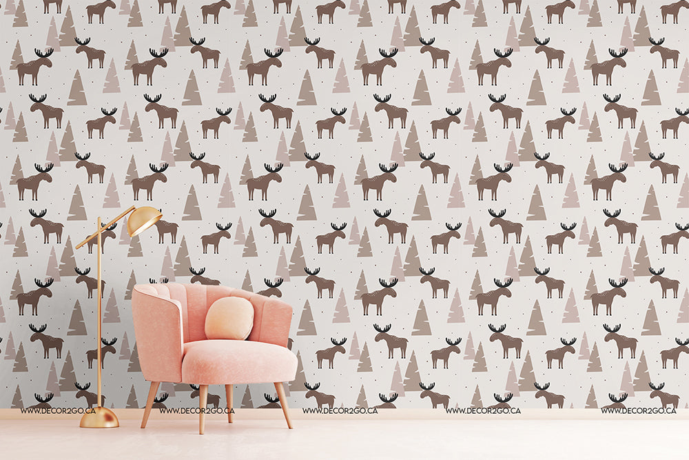Moose and Pines Wallpaper Mural in the livingroom pink and brown colers