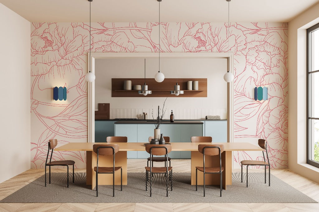 Living Room and kitchen with floral lines wallpaper