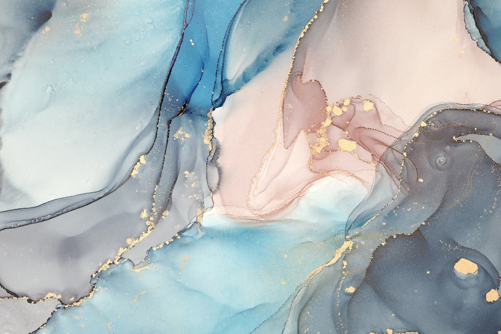 Abstract art of marbling in blue, pink, and gray tones with gold accents, resembling fluid, swirling patterns that mimic natural stone textures. This Decor2Go Wallpaper Mural offers custom sizing to fit any space.