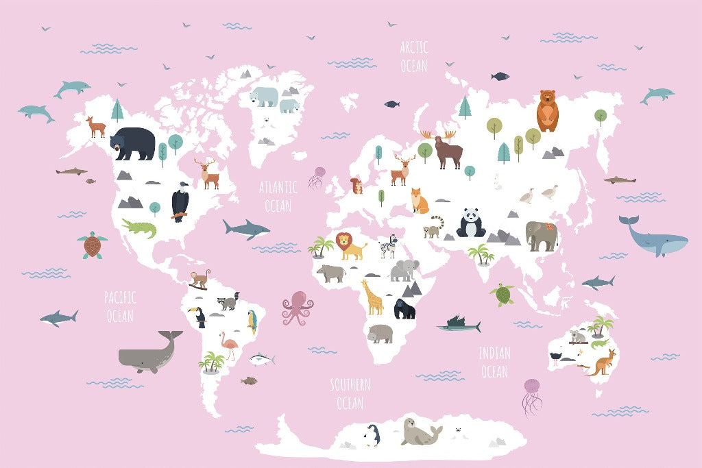 The Decor2Go Wallpaper Mural World Map with Wild Animals Pink Wallpaper Mural on a pink background featuring illustrations of wild animals native to different regions, including whales, polar bears, pandas, kangaroos, lions, elephants, seals, and various birds. Oceans are labeled, and trees and geographic features are depicted—perfect for children's room decor.