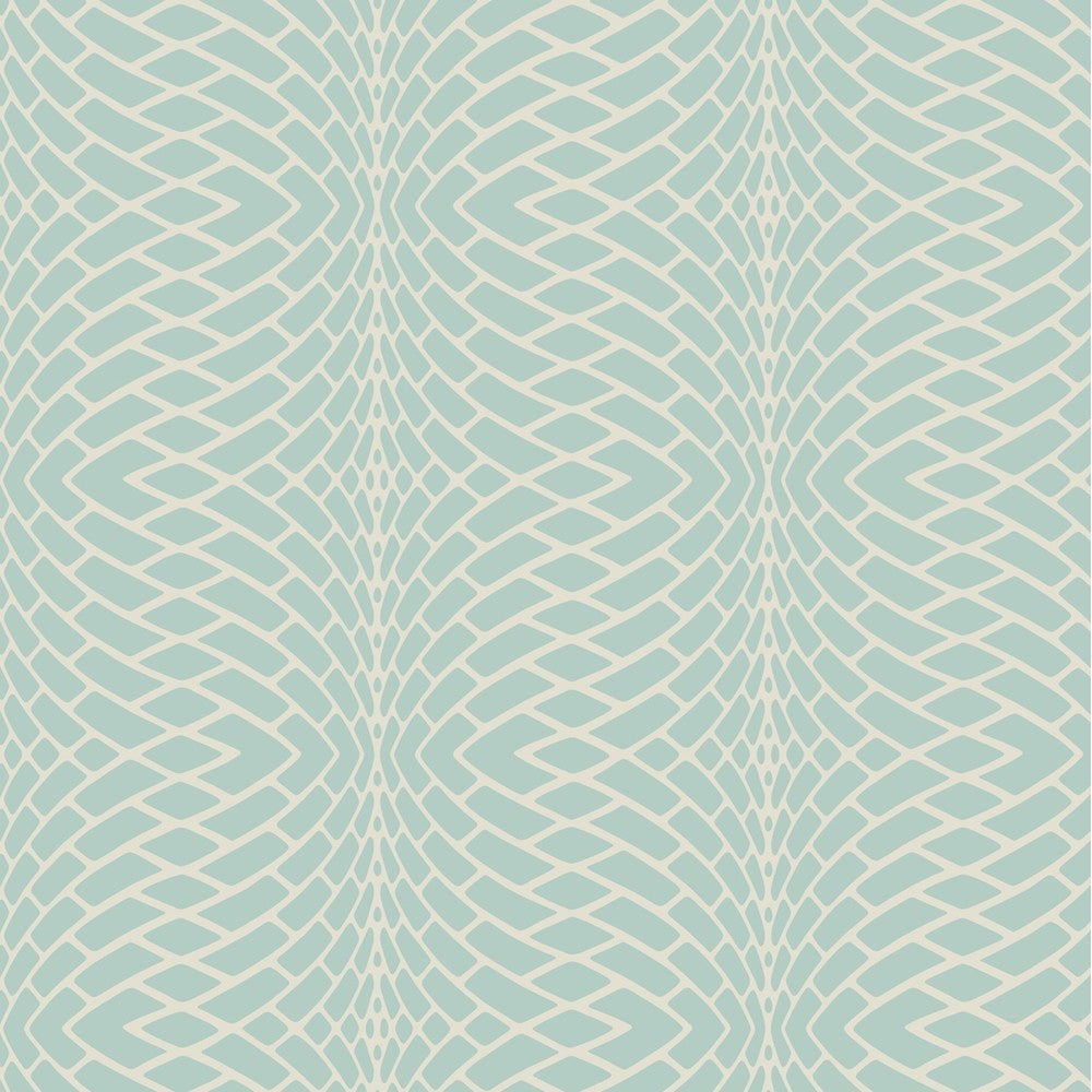 A seamless pattern featuring wavy, overlapping white lines on a light turquoise background, creating an abstract, net-like design. This Illusion Wallpaper (60 SqFt) by York Wallcoverings offers a mesmerizing effect, perfect for modern interiors; it's also vinyl-coated for durability and uses DropMatch for easy alignment.