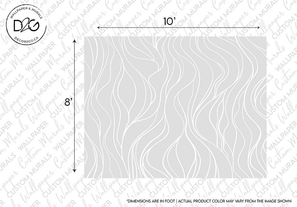 Customizable Decor2Go Wallpaper Mural design featuring a serene bedroom decor pattern with abstract wavy lines. Image includes measurement markings, 10 feet by 8 feet, with a reminder that actual product color may vary.