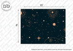 A premium quality dark blue wallpaper design featuring a celestial night sky, with scattered stars, comets, and planets in shades of gold. The dimensions are noted as 10 feet by 8 feet. "Decor2Go Wallpaper Mural" and other text are watermarked repeatedly over the Stardust Wallpaper Mural background.