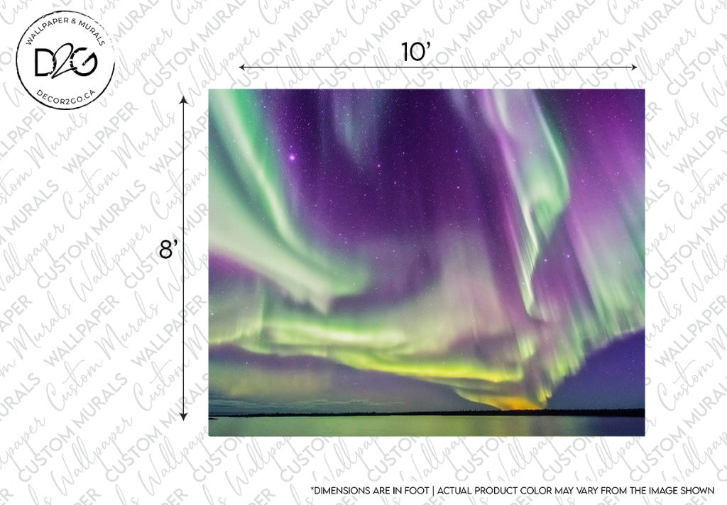 A vibrant Decor2Go Aurora borealis Wallpaper Mural sample showing the northern lights, with luminous green and purple colors against a starry sky, measurements of 10 by 8 inches indicated.