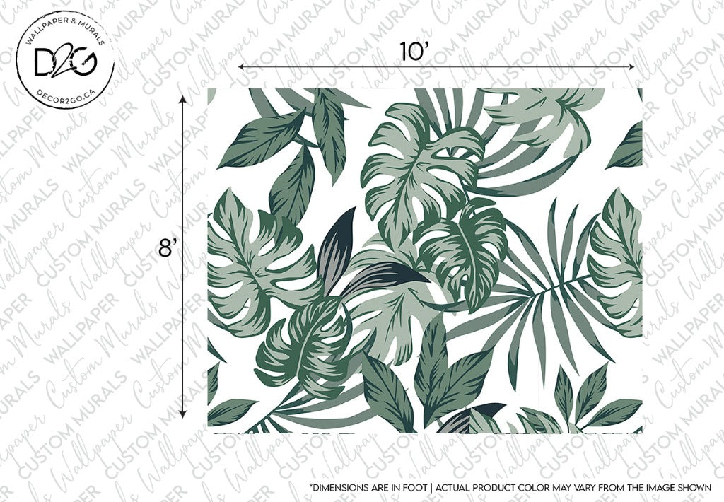 A Decor2Go Wallpaper Mural featuring Big Green Leaves in various shapes and sizes on a white background, measured dimensions provided at the edges.