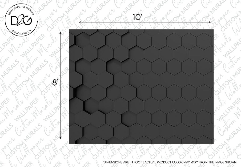 This image displays a Black Hexagons 3D Wallpaper Mural from Decor2Go Wallpaper Mural, styled in a sleek and modern pattern, with dimensions marked as 10 feet by 8 feet. Note: actual product color may vary from