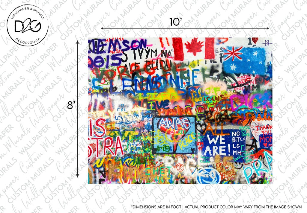 Colorful graffiti **Decor2Go Wallpaper Mural** featuring various words, symbols, and artistic splashes, including a heart, peace sign, and Canadian flag, measuring 10 by 8 inches.