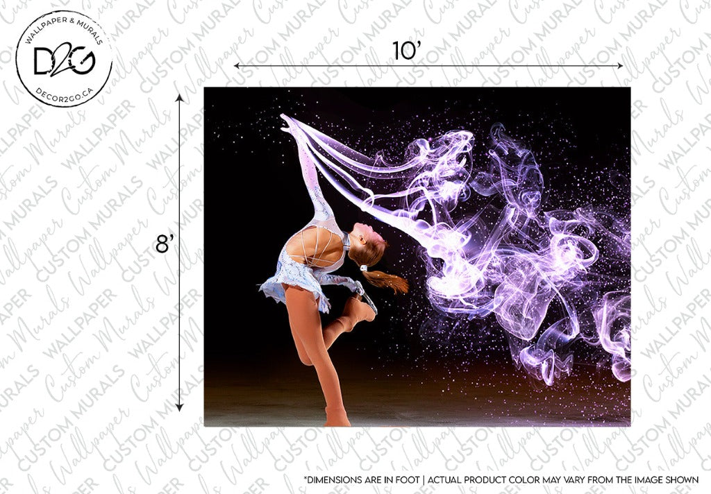 A feminine elegance is captured as a Figure Skater Wallpaper Mural from Decor2Go Wallpaper Mural, with light brown hair, dressed in a blue outfit, performs an elegant dance move surrounded by swirling purple light effects on a dark background. Dimensions and dis