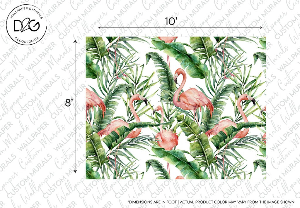A tropical-themed fabric design featuring pink flamingos and green palm leaves intertwined, displayed with measurements of 10 feet by 8 feet, styled as a Decor2Go Wallpaper Mural.