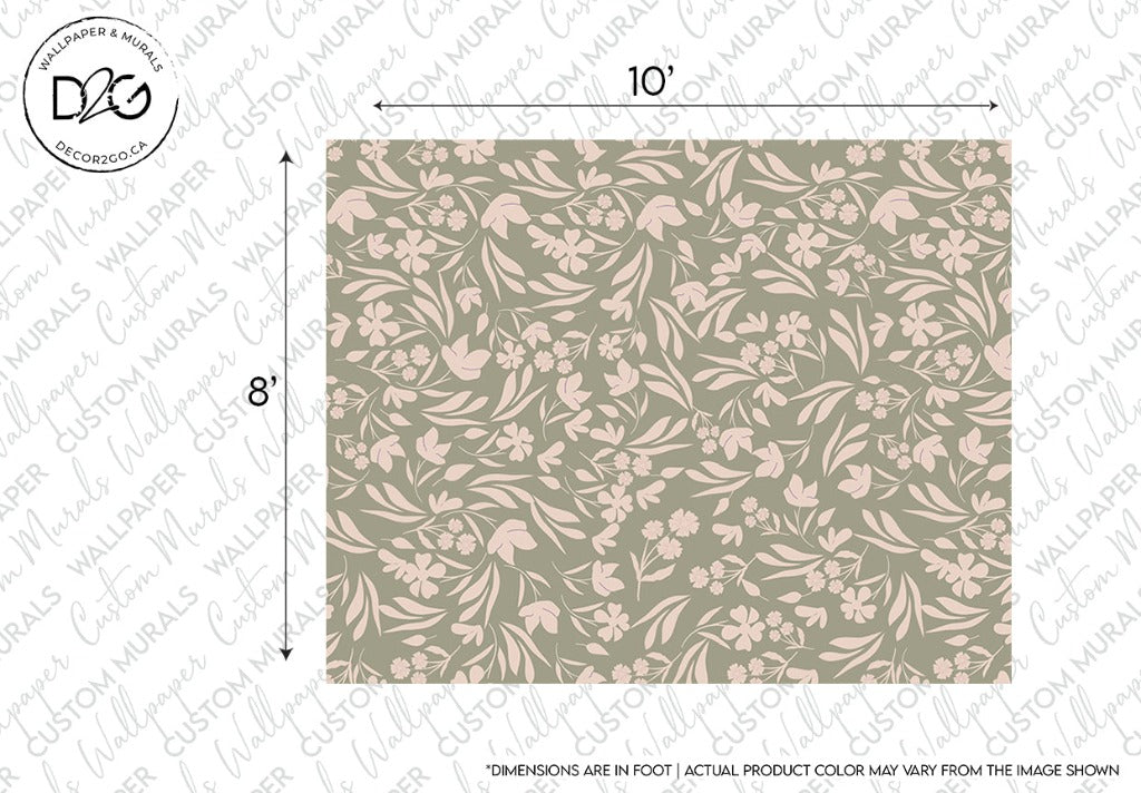 An 8x10 feet Floral Bliss Wallpaper Mural design sheet showcasing a floral pattern with intertwining green leaves and pink flowers on a neutral beige background, labeled with dimensions and a note on color variation.