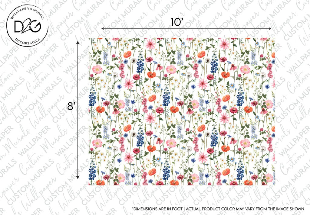 Colorful Floral Summer Wallpaper Mural pattern featuring a variety of flowers, including poppies and daisies, on a white background, offering a cozy vibe, with dimensions indicated as 10 by 8 feet. (from Decor2Go Wallpaper Mural)