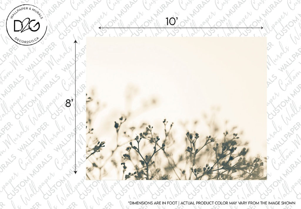 A sepia-toned image of a field of wildflowers with the measurements "10 inches by 8 inches" displayed on top, and a disclaimer "dimensions are in feet | actual Decor2Go Wallpaper Mural may vary.