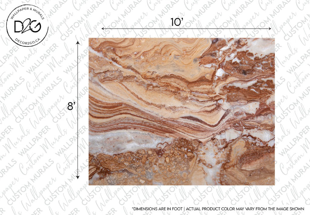 Close-up image of an 8x10 foot Gemstone Diffused Marble Wallpaper Mural by Decor2Go Wallpaper Mural with intricate layers of tan, brown, and white patterns swirling through it, showcasing natural rock formations and colors. A note on the
