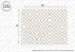 An 8-foot by 10-foot Geometric Maze Wallpaper Mural by Decor2Go Wallpaper Mural displaying a geometric maze pattern of interlocking black lines forming diamond shapes on a light beige background. The modern design sample is bordered by measurements, and branding details are visible around the edges, highlighting its premium materials.