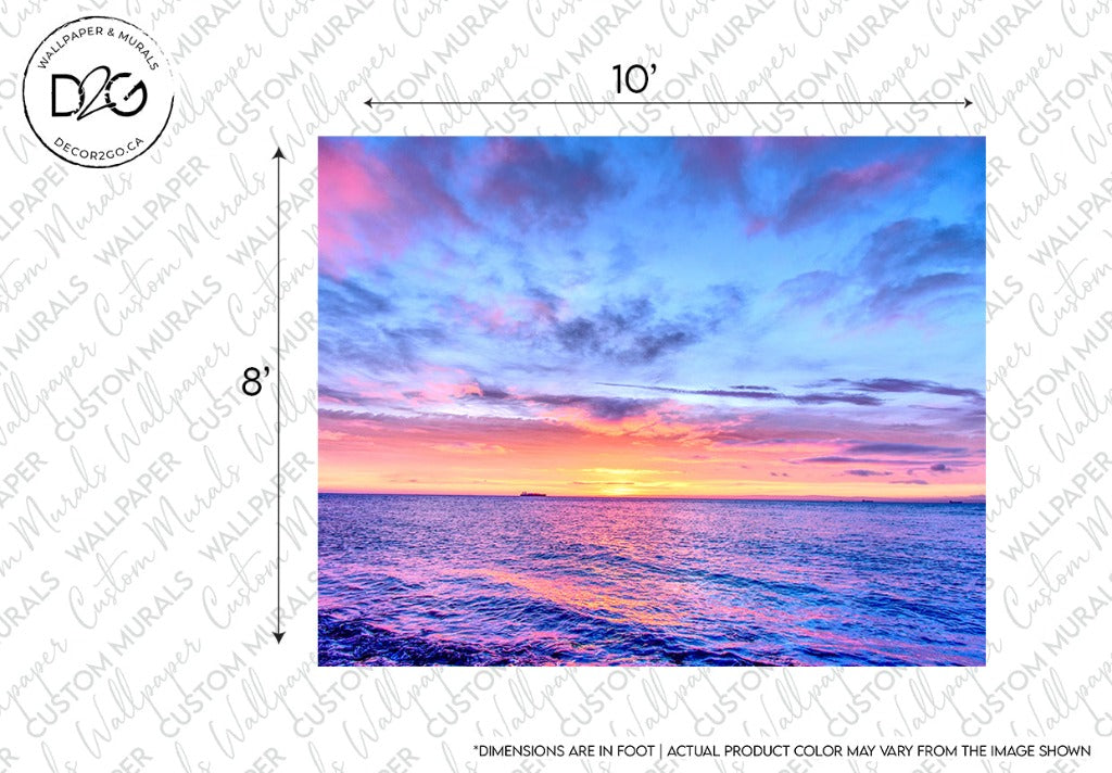Sunset over the ocean with vibrant pink and blue sky reflected in the water, dimensions labeled on the image suggesting it's for a Decor2Go Wallpaper Mural with visible watermark and disclaimer.