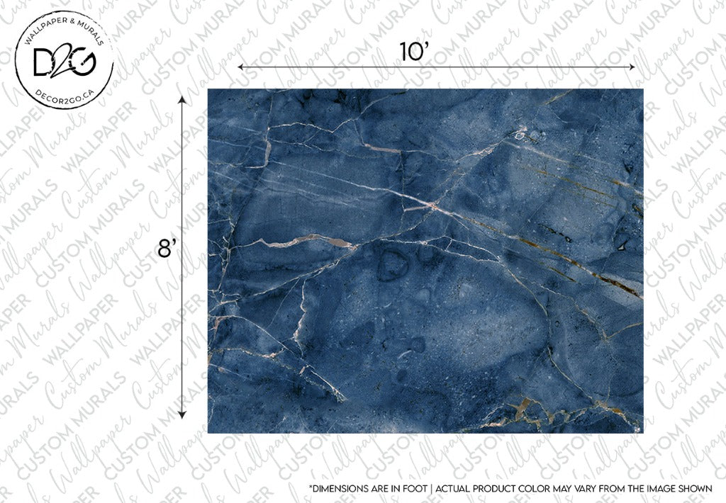 A 10 by 8 foot Icy Glacier Wallpaper Mural sample featuring a deep blue marble pattern with intricate white and gold veins, presented on a promotional background with a measurement scale and text.