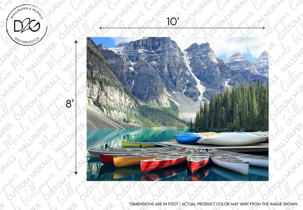 A Decor2Go Wallpaper Mural featuring a scenic image of colorful kayaks lined up on the tranquil, reflective water of a mountain lake, with towering, rugged mountains in the background.