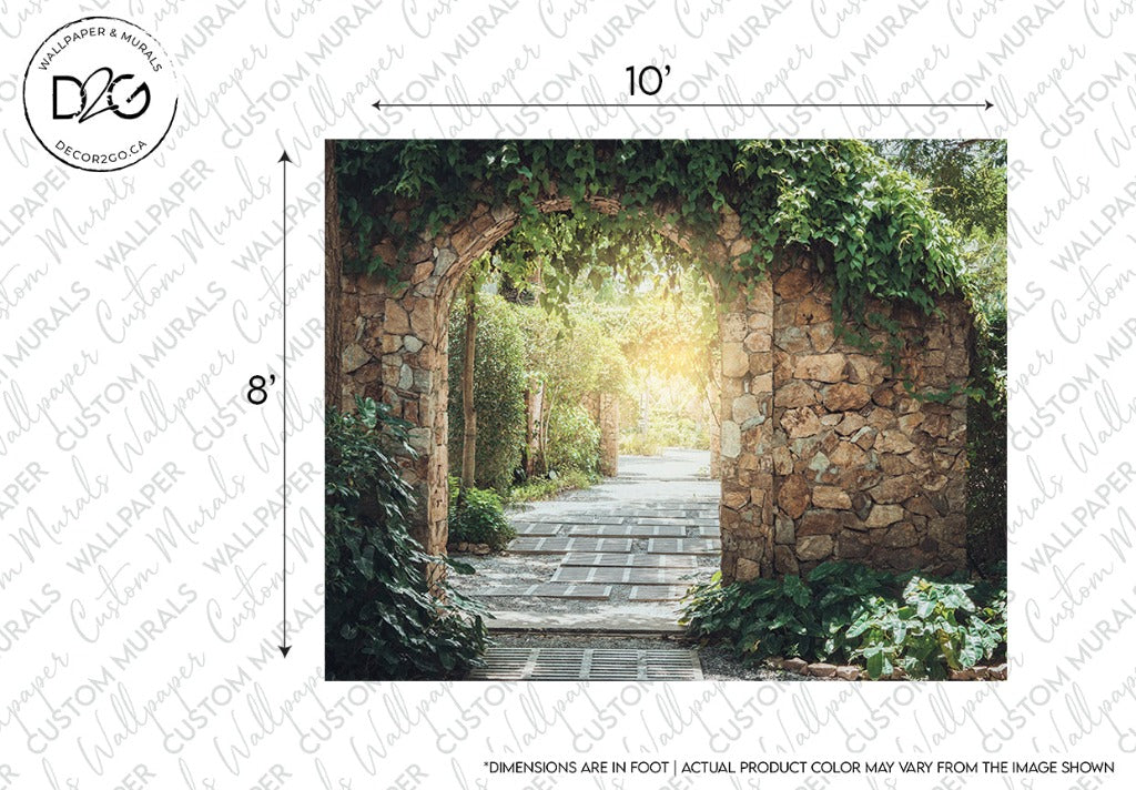 A Decor2Go Wallpaper Mural depicting a serene garden pathway with stone walls covered in lush vines and an archway leading into a sunlit area, surrounded by greenery. Dimensions indicate 10 feet by 8.