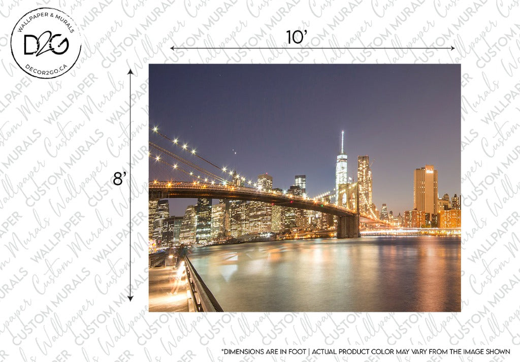 A Decor2Go Wallpaper Mural showcasing the Manhattan's Night Sky Wallpaper Mural, depicting a panoramic view of a city skyline with a lit bridge over a river, marked with dimensions on a patterned background for scale.