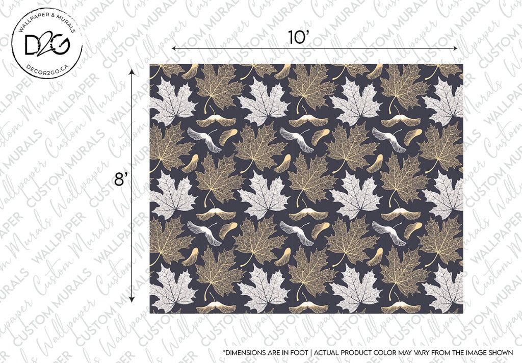 Maple Leaves Wallpaper Mural  white and gold leaves with  gray  backround, sizes