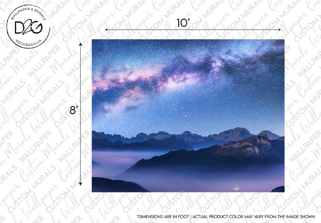 Starlit sky filled with galaxies and nebulae above silhouetted mountains and clouds, with dimensions and a disclaimer on product color variations displayed on the edges. Perfect as a Decor2Go Milky Way Mountains Wallpaper Mural.