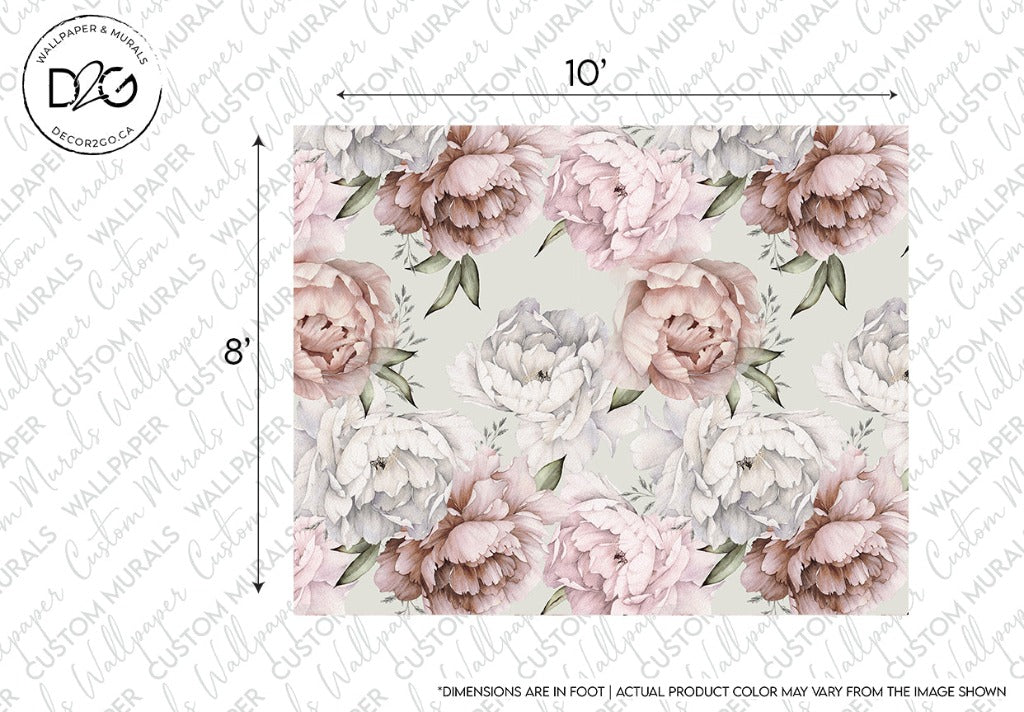 More Peonies Wallpaper Mural pink and gray with geen leaves, sizes
