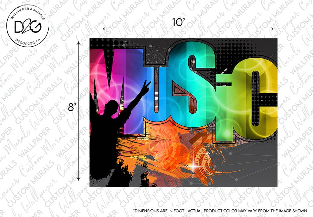 Colorful graphic featuring the word "Music Mania" with a silhouette of a person raising one hand against a backdrop of vibrant, artistic elements and splashes of paint, within a frame showing custom sizing from Decor2Go Wallpaper Mural.