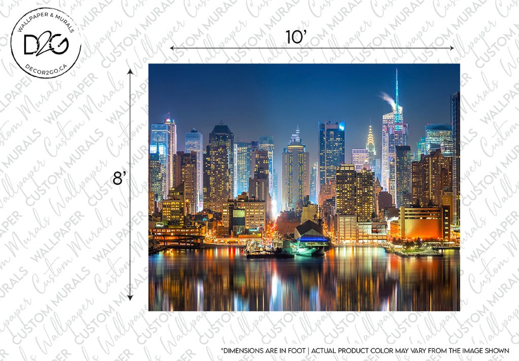 A vibrant night image of the Decor2Go Wallpaper Mural NYC Skyline Wallpaper Mural with illuminated skyscrapers reflecting in the water. A small boat floats in the foreground, and custom sizing indicates the dimensions suitable for a mural.
