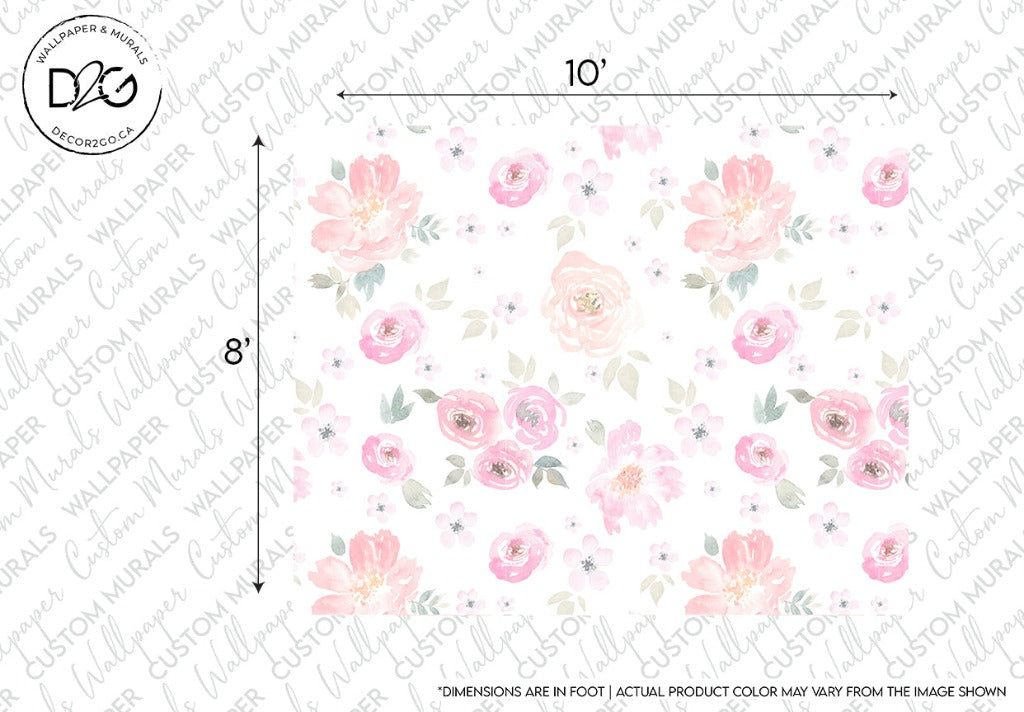A Nature’s Breath Wallpaper Mural featuring soft pink roses and green leaves on a white background, marked with dimensions and a Decor2Go Wallpaper Mural logo at the top left corner.