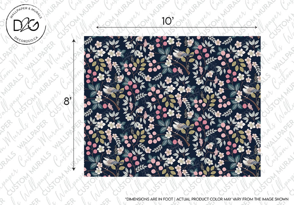 A 10x8 inches Nature's Bliss Wallpaper Mural swatch featuring a dark navy pattern with pink, white, and light blue flowers and green leaves, with dimensions noted and a disclaimer on color accuracy by Decor2Go Wallpaper Mural.