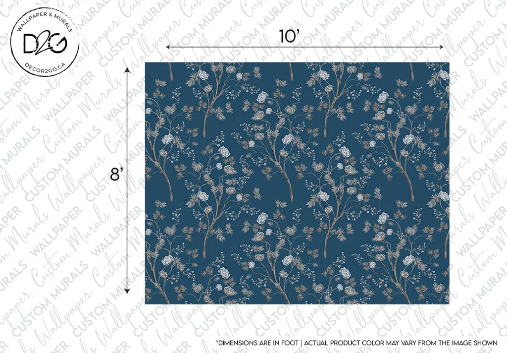 A sample of Decor2Go Wallpaper Mural featuring an Oriental Garden pattern with a navy blue background and delicate white cherry blossoms. The image includes measurements, 10 feet by 8 feet, and a disclaimer about potential color variance.
