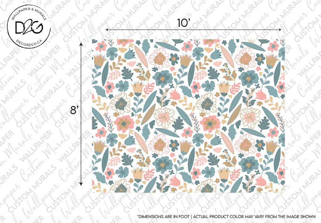 Pastel Flowers Wallpaper Mural in blue and pink colors , sizes