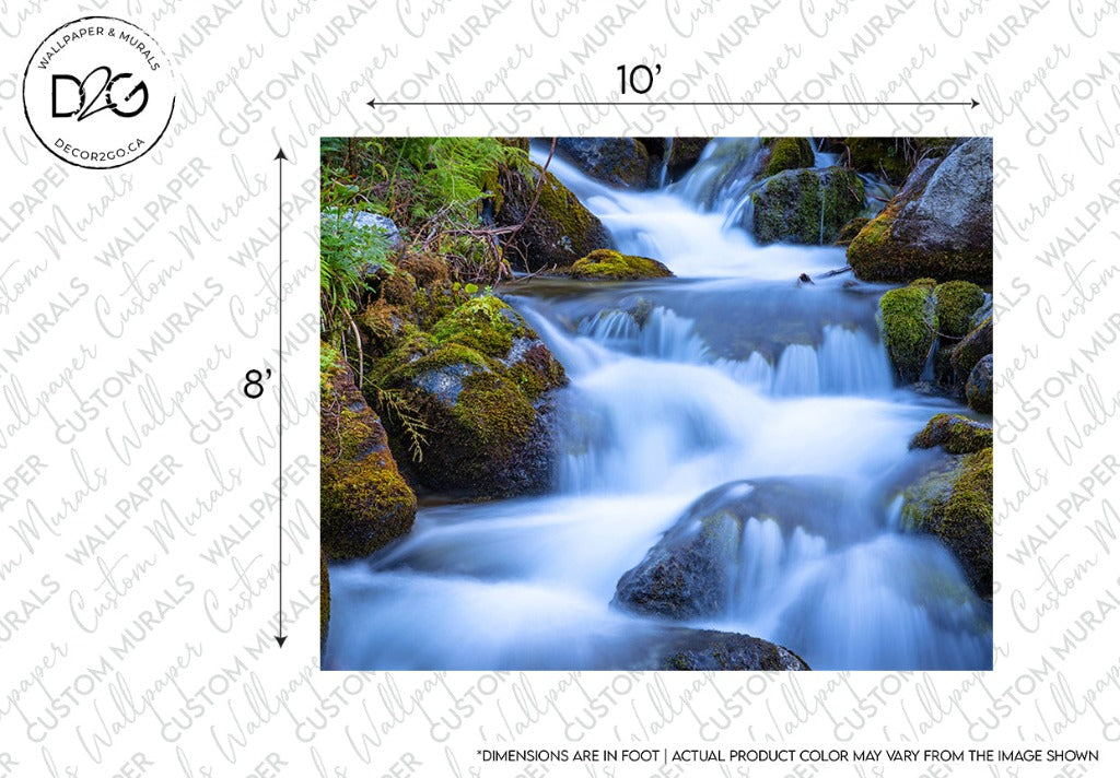 A serene Decor2Go Wallpaper Mural showing a peaceful waterfall cascading over smooth rocks, surrounded by green moss and small plants, with a clear focus on the silky texture of the water.