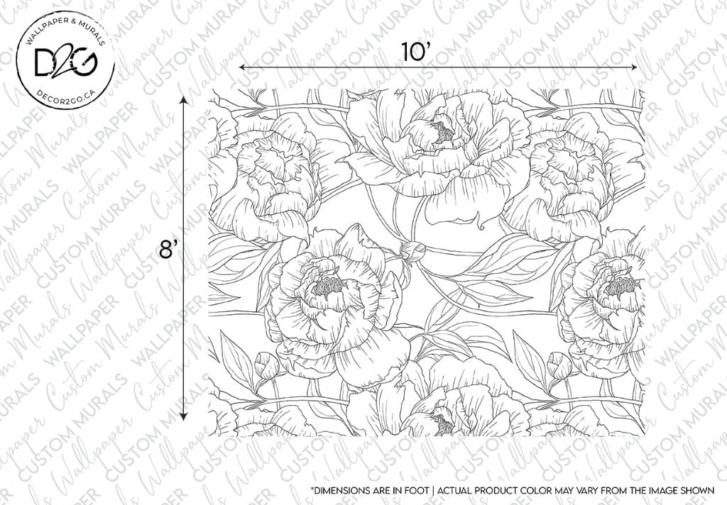 Peonies Outline Wallpaper Mural black and white, sizes