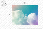 A mural wallpaper depicting an enchanting beauty of a cloudy sky with blue and purple hues, adding a serene and magical atmosphere. The Rainbow Sky Wallpaper Mural measures 10 feet wide and 8 feet tall, with the background featuring watermark text bearing the "Decor2Go Wallpaper Mural" logo repeatedly.