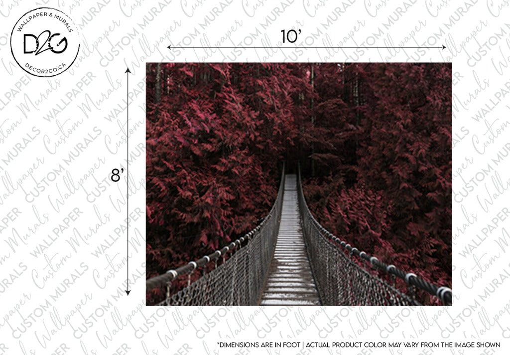 A narrow suspension bridge stretches into a dense forest of red and purple foliage, creating an eerie yet captivating pathway. The dimensions of the image are marked as 10 feet wide and 8 feet high, perfect for enhancing your living space with vibrant autumn colors. Watermarked by "Red Forest Wallpaper Mural from Decor2Go Wallpaper Mural.