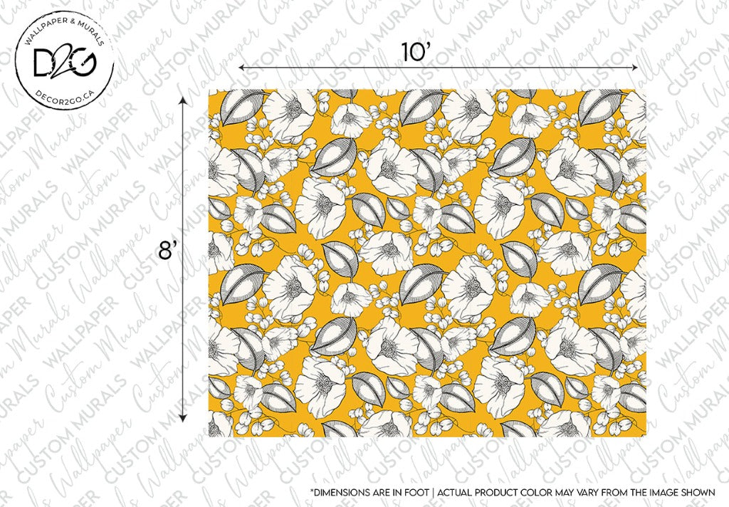 A Retro Floral Wallpaper Mural sample with white and grey flowers and leaves on a bright yellow background, exuding a vintage look. The pattern is displayed within a rectangle measuring 10 feet by 8 feet. Watermarks of the brand "Decor2Go Wallpaper Mural" are overlaid across the image, offering custom sizing options.