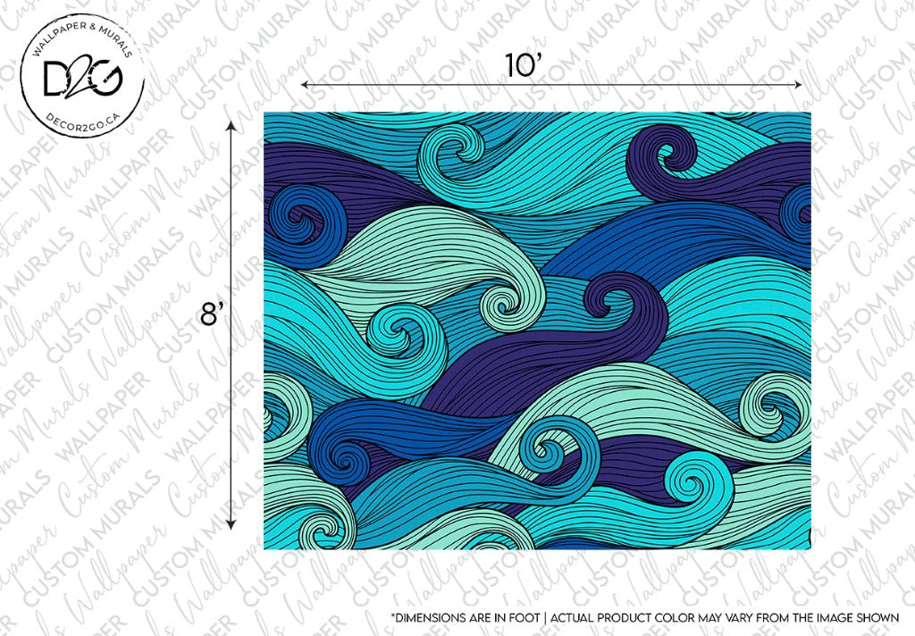 A wall mural design is shown, featuring abstract ocean waves in shades of blue, teal, and navy. The swirling lines create a dynamic and flowing pattern. This Swirly Blues Wallpaper Mural is 10 feet wide and 8 feet tall, with a watermark indicating it is a custom wallpaper from Decor2Go Wallpaper Mural known for its versatile appeal.
