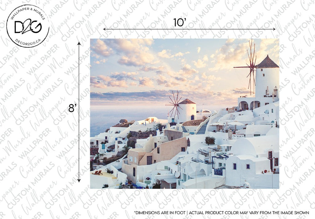 A scenic view of white-washed buildings with blue rooftops on a hillside in Santorini, Greece, featuring iconic windmills and a serene, partly cloudy sky in the background. This Decor2Go Wallpaper Mural Santorini Skyline Wallpaper Mural measures 10 feet by 8 feet and captures the timeless Mediterranean aesthetic.