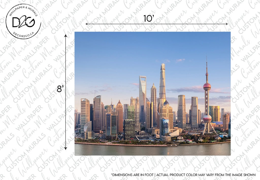 A bird's eye view of Decor2Go Wallpaper Mural's Shanghai Skyline Wallpaper Mural with prominent skyscrapers and the Oriental Pearl Tower, reflected on the surface of the Huangpu River. Watermark and measurement indicators overlay the image.