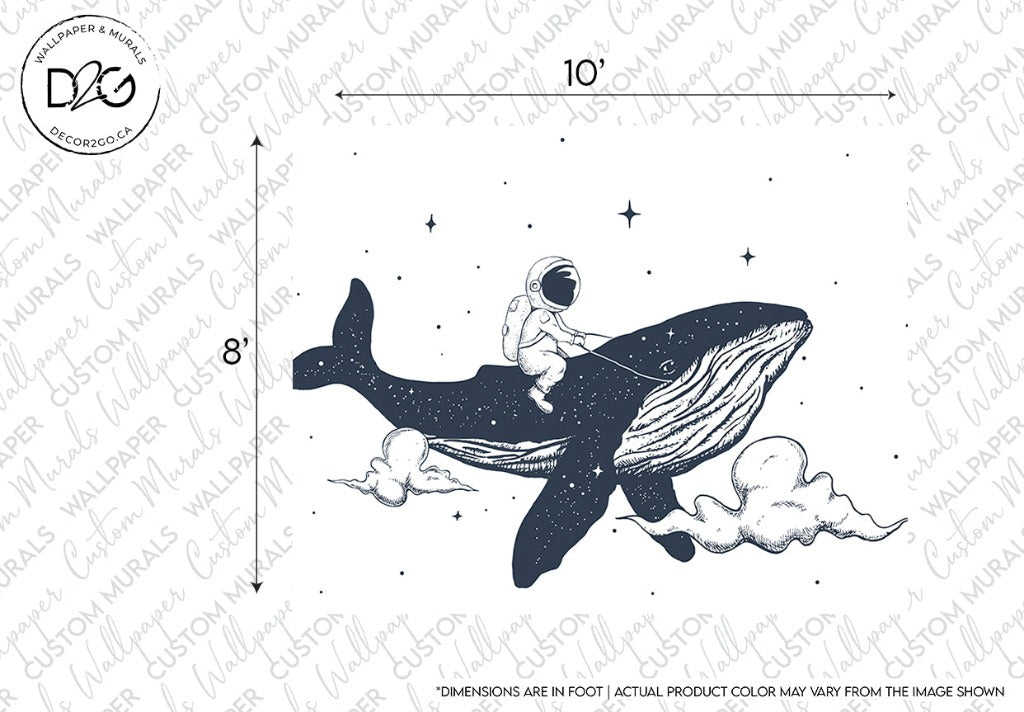 An illustration of an astronaut riding a whale in outer space. The whale is surrounded by clouds and stars, creating a dream-like aesthetic. The image's dimensions are 10 feet by 8 feet, featuring the text "Wallpaper & Murals by Decor2Go Wallpaper Mural" in the background. Custom sizing for this Space Whale Wallpaper Mural is available.