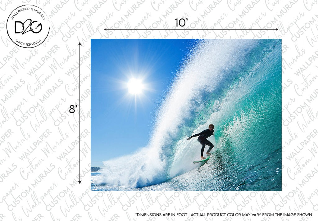 A surfer skillfully rides a large ocean wave under a bright blue sky with the sun shining, showcasing the ocean's beauty. The dimensions of the image are indicated as 10 feet in width and 8 feet in height. Banner text reads "Surfer on a Wave Wallpaper Mural by Decor2Go Wallpaper Mural." Premium quality.