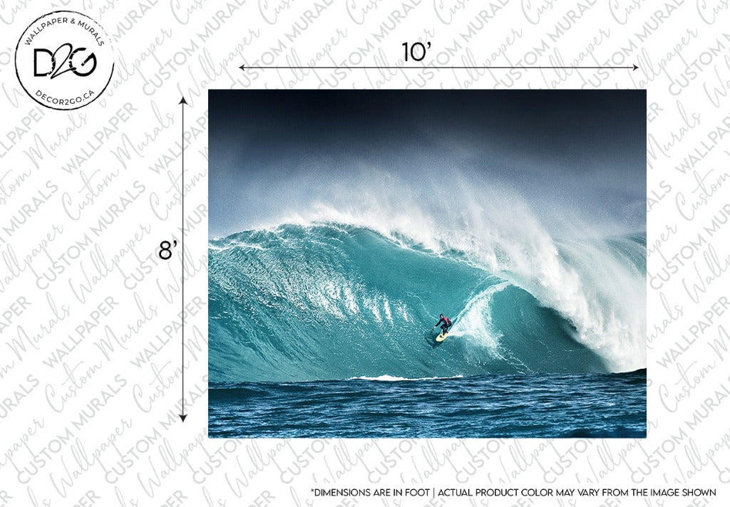 A surfer rides a large, powerful blue wave in the ocean, demonstrating skill and balance amidst the spray and curl of the water. The image is crisp, capturing the dynamic action and vibrant colors with Decor2Go Wallpaper Mural.